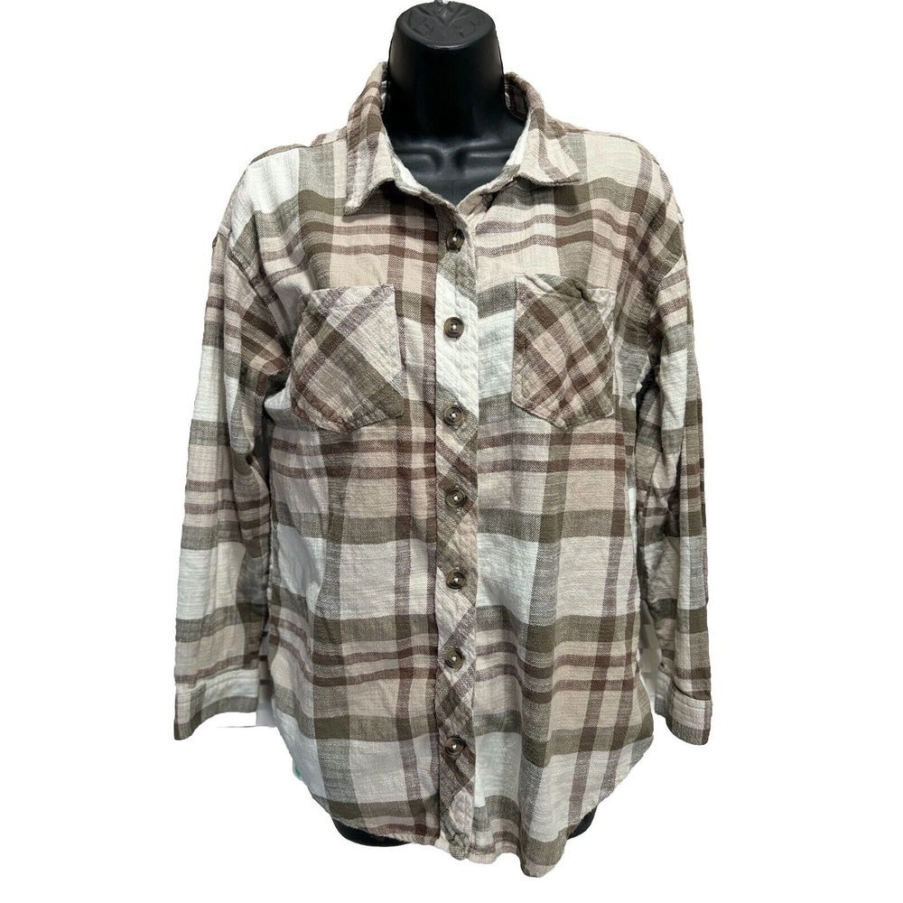 Maurices Tan/Cream Long Sleeve Flannel Shirt Plaid Size Small‎ Button Up Pockets